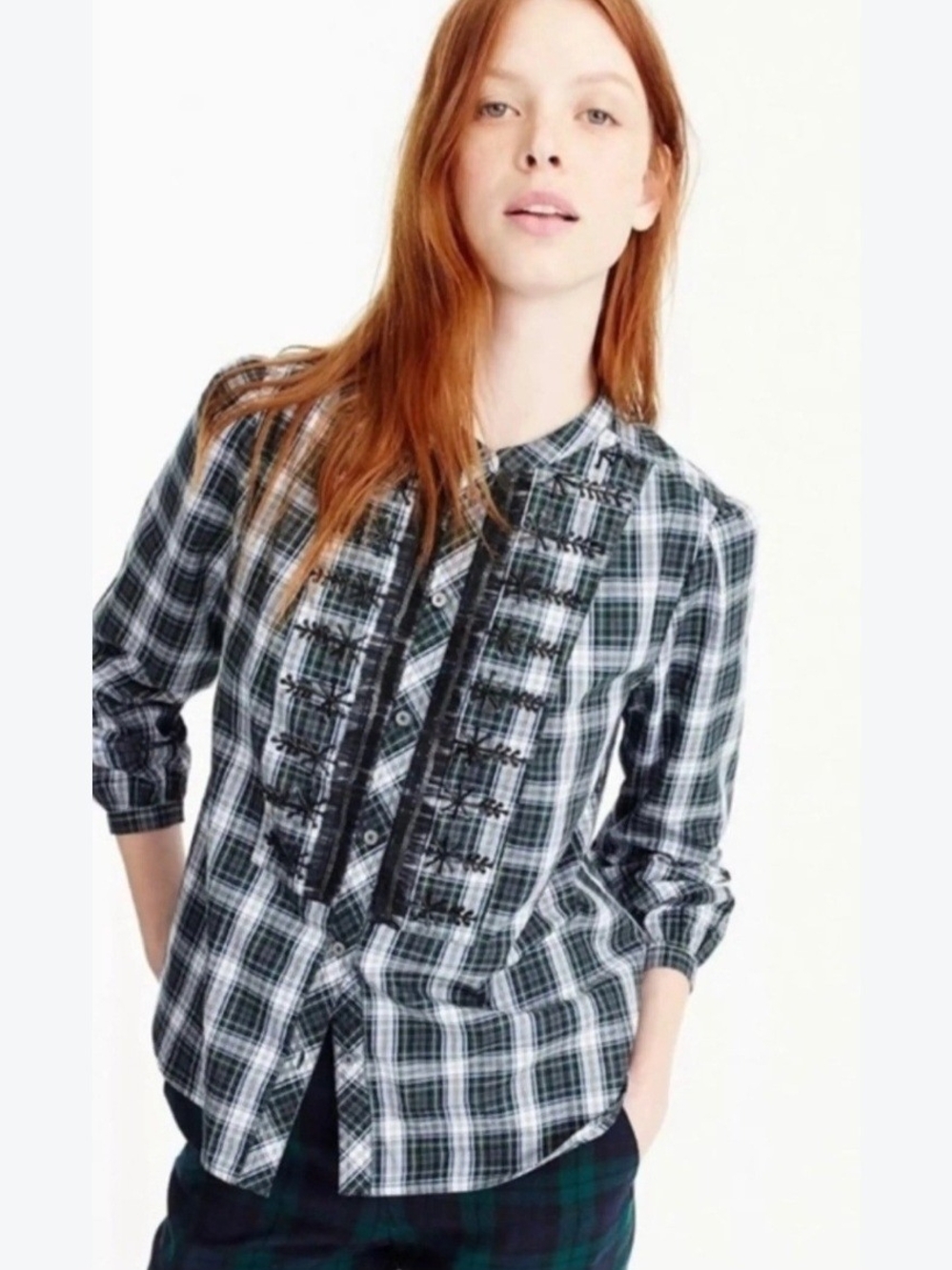 J. Crew Black & White Plaid Button-Down Shirt with Front Ruffle